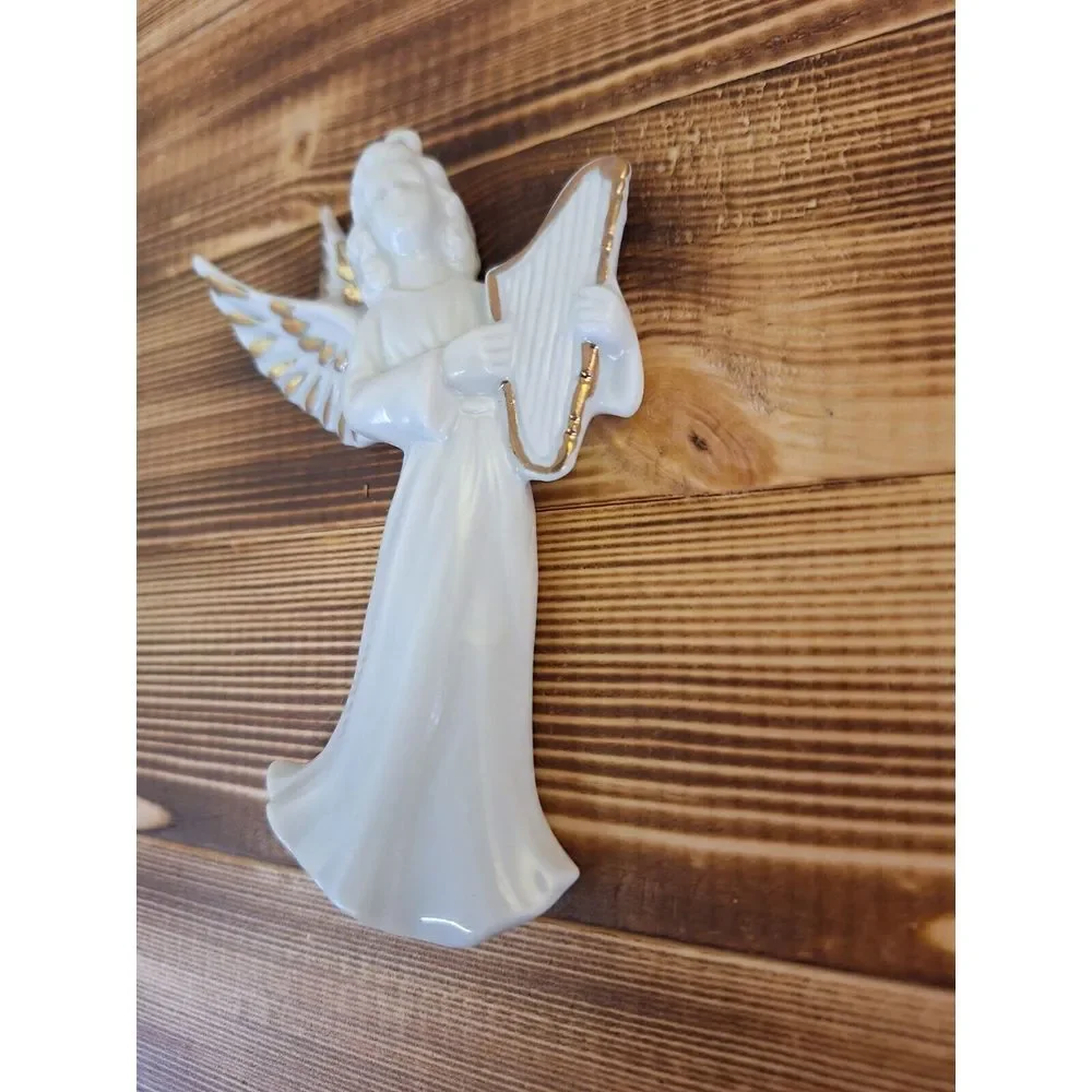 Vintage Enesco‎ angel with Harp E-9032 gold Flat Back christmas Ornament Hanging